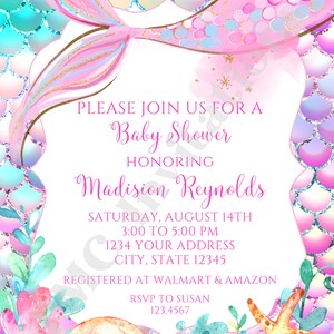 Custom PRINTED 4.25X5.5 Watercolor Mermaid, Under the Sea, Mermail Tail, Mermaid Baby Shower invitation, envelope included image 2