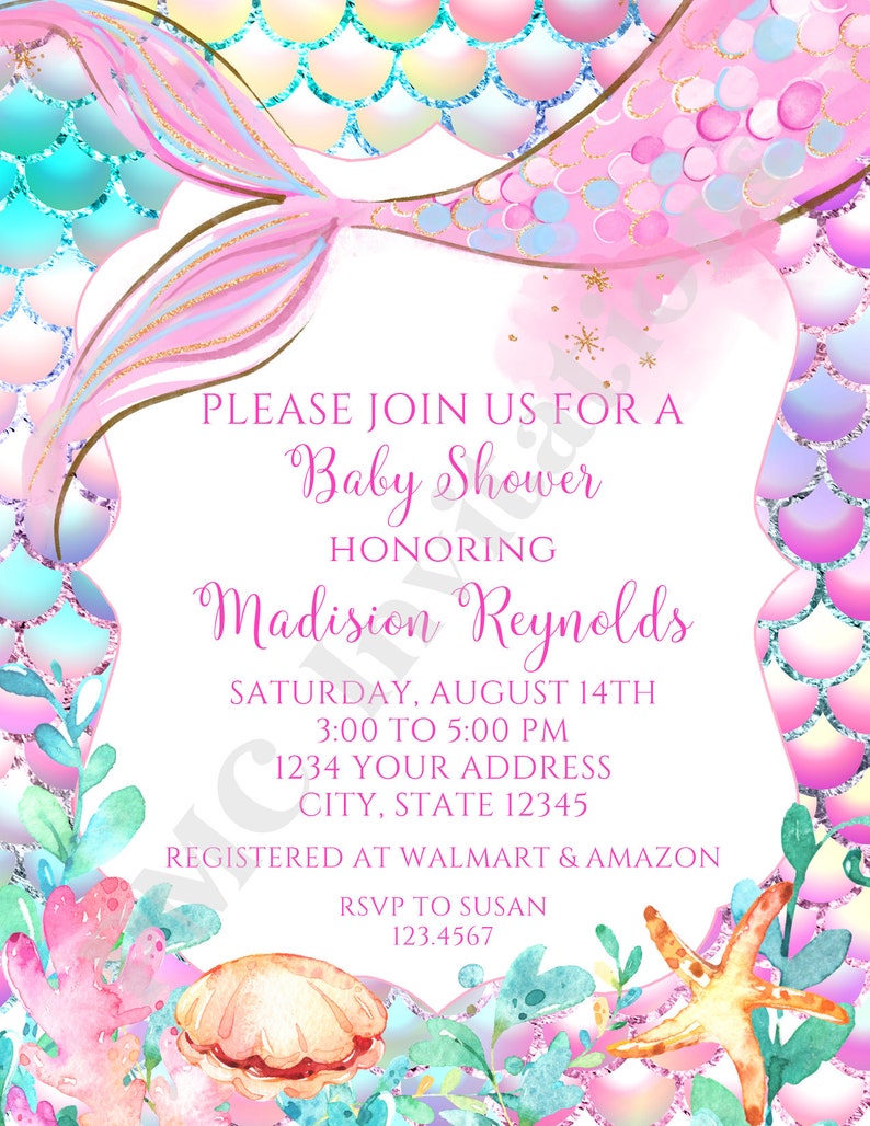 Custom PRINTED 4.25X5.5 Watercolor Mermaid, Under the Sea, Mermail Tail, Mermaid Baby Shower invitation, envelope included image 2