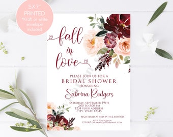 Custom Printed 5X7" Fall in Love Bridal Shower Invitations, Autumn Fall In Love Floral Bridal Shower Invitation, with envelopes