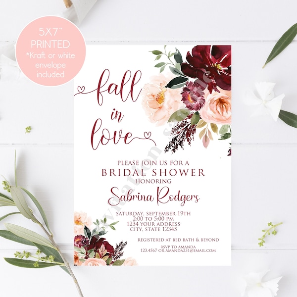 Custom Printed 5X7" Fall in Love Bridal Shower Invitations, Autumn Fall In Love Floral Bridal Shower Invitation, with envelopes