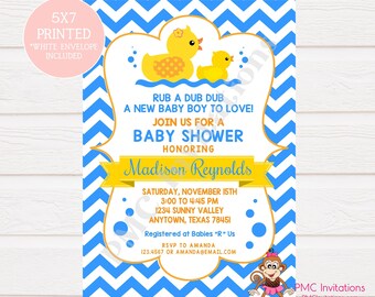 Custom Printed Chevron Yellow Rubber Duck Baby Shower Invitations - 1.00 each with envelope