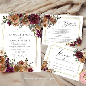 May include: A wedding invitation suite with a floral design. The invitation features a burgundy, peach, and cream floral pattern with gold accents. The text reads "Together with their families Jenna Clifford and Aaron White joyfully invite you to their wedding celebration Saturday, November 11, 2023 at 5 o'clock in the afternoon Woodriver Springs 1234 Your Address City, State 12345 Reception to follow". The details card includes information about hotel accommodations and the RSVP card has a space for guests to indicate their attendance.