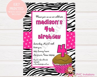 Custom Printed Pink Zebra Print Birthday Invitations (Any Age) - 1.00 each with envelope