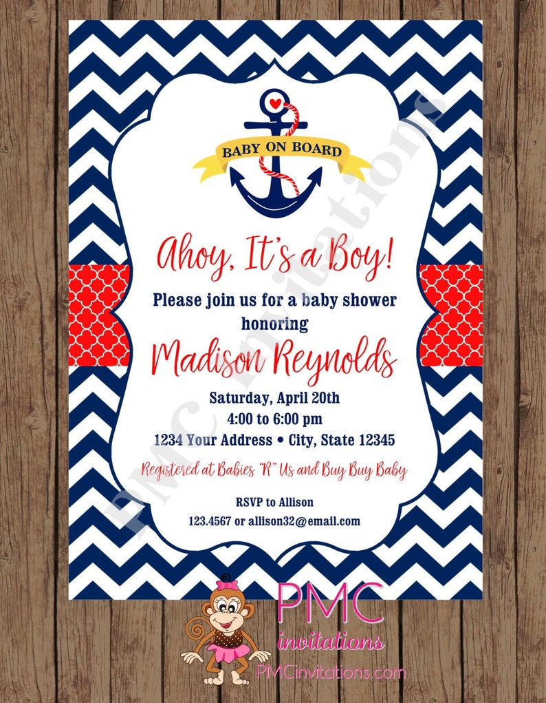 Custom PRINTED Chevron Nautical Baby Shower Invitations Baby on Board 1.00 each with envelope image 1