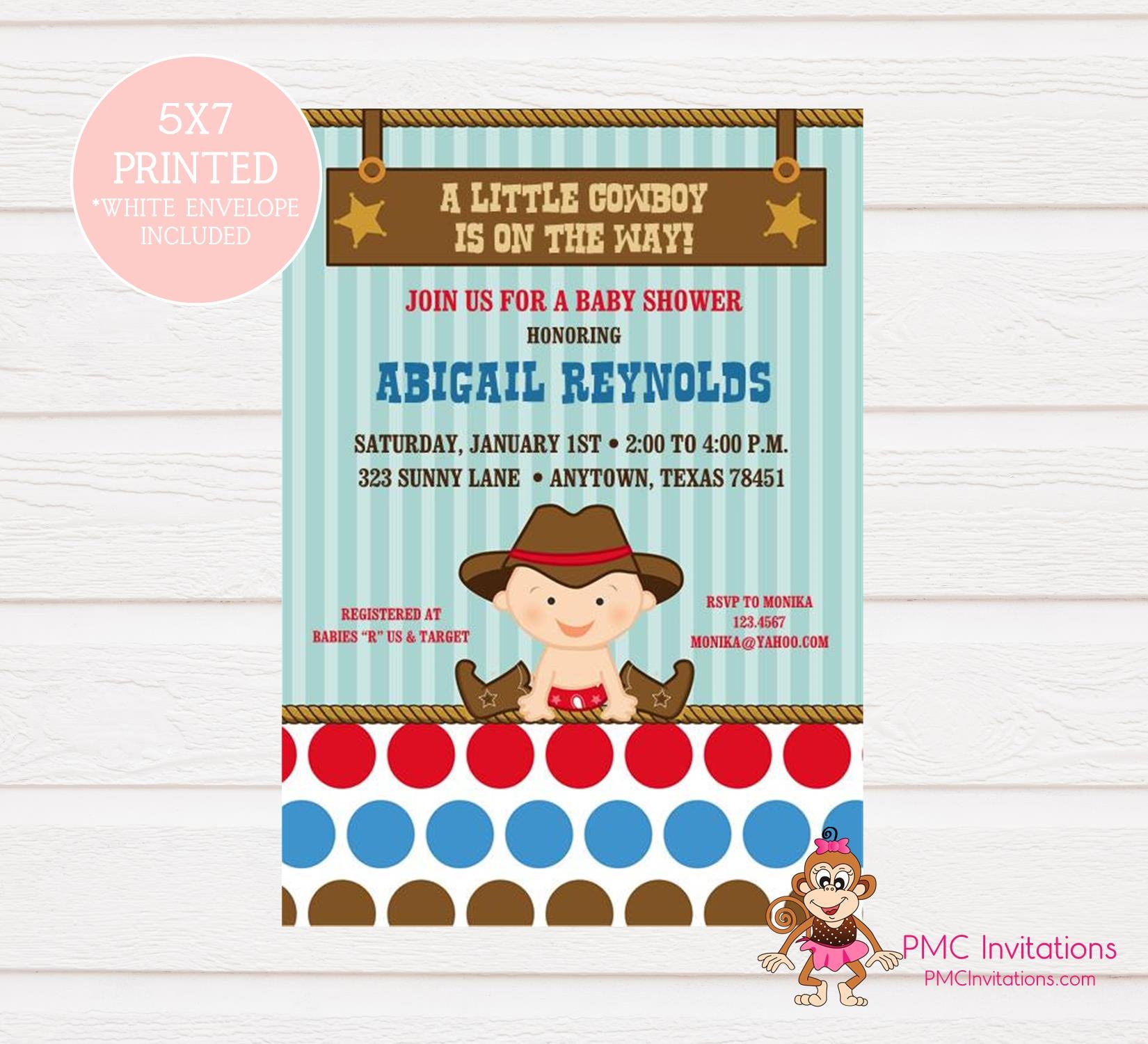 Custom Printed Baby Little Cowboy Baby Shower Invitations Cowboy boots cowboy hat 100 each with envelope