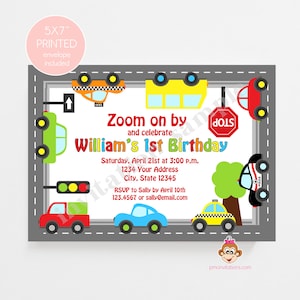 PRINTED Traffic Jam Birthday Invitations, Transportation Birthday, Invitation, Envelopes included image 1