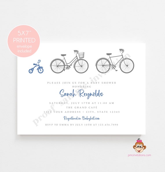 Printed 5X7" Bicycle Tricycle Boy Baby Shower Invitation Blue, Bicycle