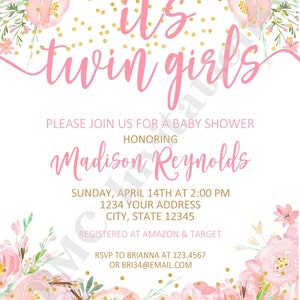 Custom PRINTED 4.25X5.5 Watercolor Pink Floral Twins Baby Shower, Twin Baby Shower, Girl Twins Baby Shower Invitation, kraft white envelope image 2