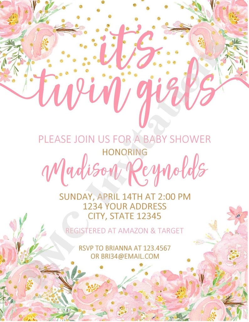 Custom PRINTED 4.25X5.5 Watercolor Pink Floral Twins Baby Shower, Twin Baby Shower, Girl Twins Baby Shower Invitation, kraft white envelope image 2