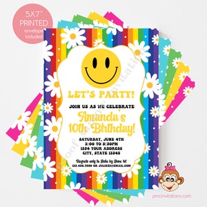 Printed 5X7" Smiley Face Birthday Invitations, Daisy, Smiley Face, Groovy, Rainbow, Smiley Birthday Party Invitation w envelope