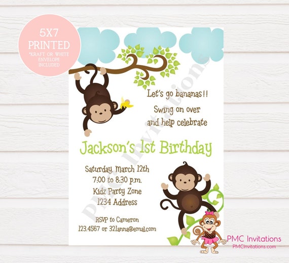 Custom Printed Monkey Birthday Invitations for Boy or Girl - Silly Monkey - 1.00 each envelope included Il_570xn