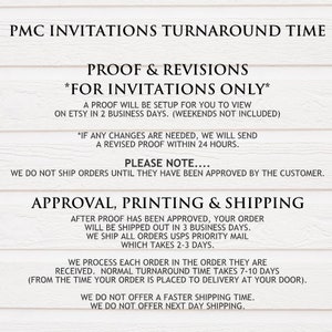 May include: A white text graphic on a wood background with the text "PMC Invitations Turnaround Time" and details about the turnaround time for custom invitations. The text includes information about proof and revisions, approval, printing, and shipping.