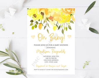 Custom Printed 5x7 " Acuarela amarillo Floral Baby Shower Invitation, Oh Baby Baby Gender Neutral Baby Shower Invitation, Baby Shower Invitations