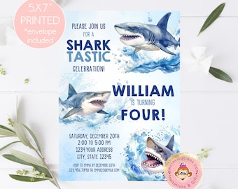 Printed 5X7", Shark Birthday Invitations, Shark Party, Shark Birthday Party, Shark Invite, envelope included