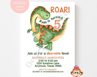 Custom PRINTED 5X7" Watercolor Dinosaur Birthday Invitations - Dinosaur Birthday - envelopes included