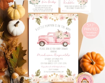 Printed/Shipped 5X7 Fall Pumpkin Baby Shower Invitation, Fall Truck Pumpkin, Baby Shower, Pink Girl Fall Baby Shower, envelope included