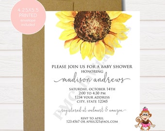 Custom PRINTED 4.25X5.5 Watercolor Sunflower Floral, Sunflower Baby Shower Invitation, Simple Sunflower Baby Shower Invitation