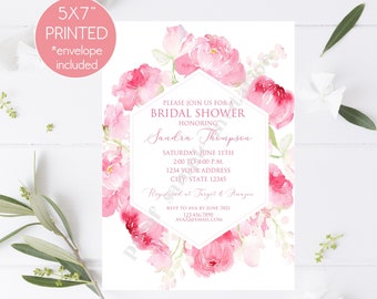 Printed 5x7" Pink Floral Bridal Shower Invitation, Bridal Shower, Printed Bridal Shower Invitation, Watercolor Pink Floral, with envelope