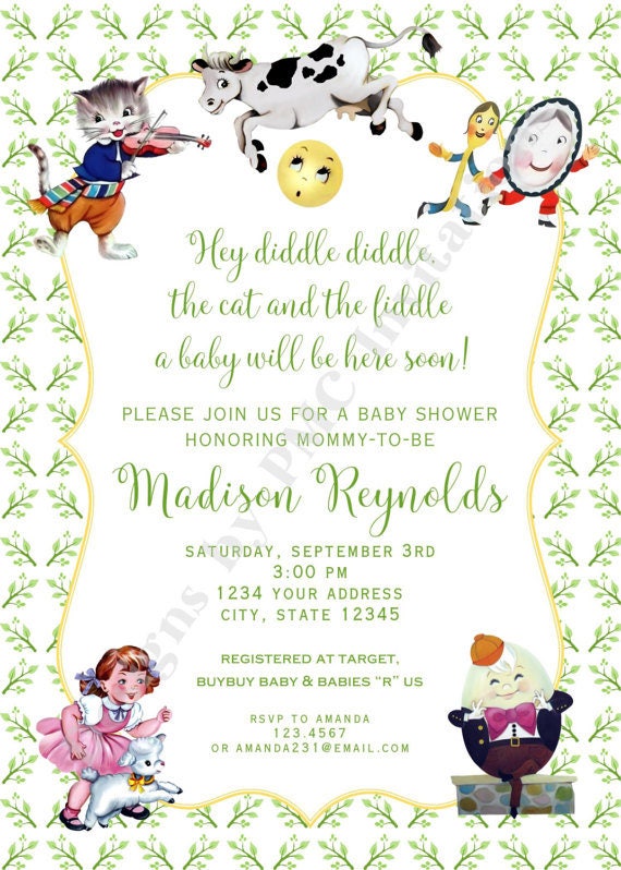 Custom Printed Nursery Rhyme Baby Shower Invitation Cow Jumped