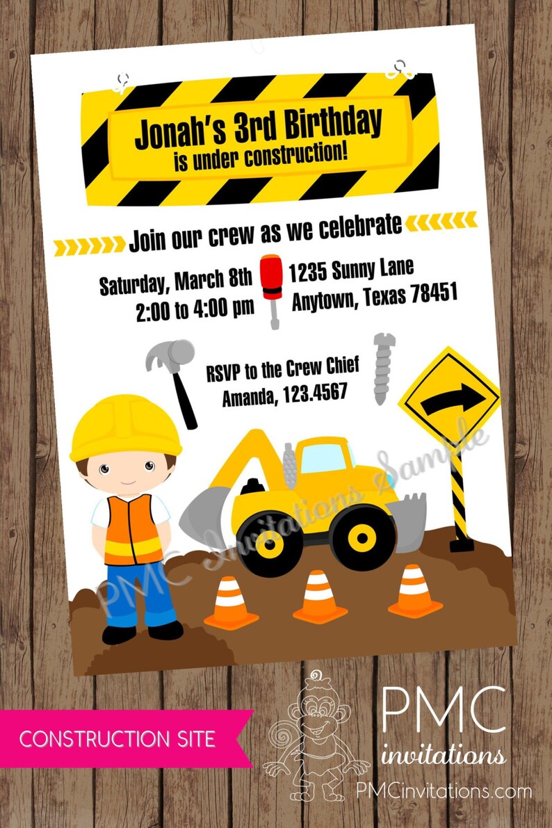 May include: A yellow and black construction themed birthday invitation for a boy's 3rd birthday party. The invitation features a cartoon construction worker, a yellow excavator, and traffic cones. The text on the invitation reads "Jonah's 3rd Birthday is under construction!" and includes the date, time, and location of the party. RSVP information is also included.