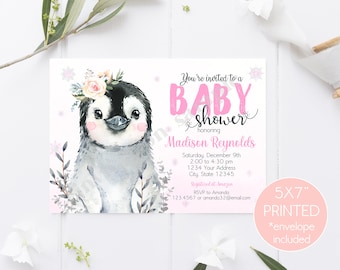 PRINTED 5X7 Penguin Baby Shower Invitation, Winter Penguin Baby Shower, Girl Baby Shower, envelopes included