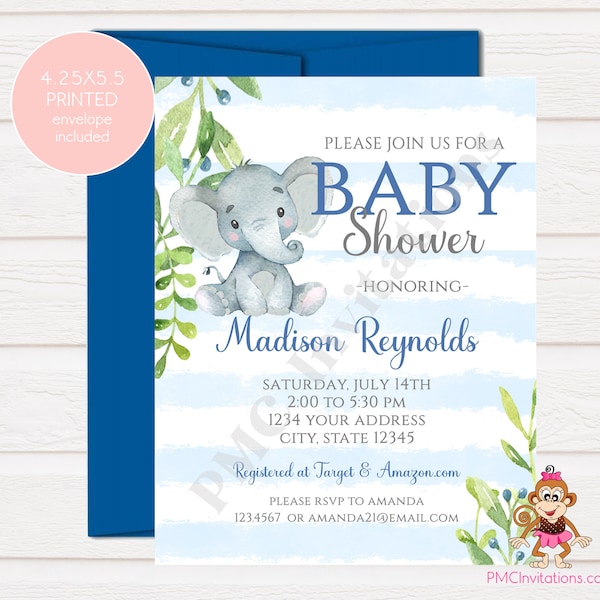 Custom Printed 4.25X5.5" Watercolor Elephant Baby Shower, Boy Blue Elephant Baby Shower, Invitations, envelopes included