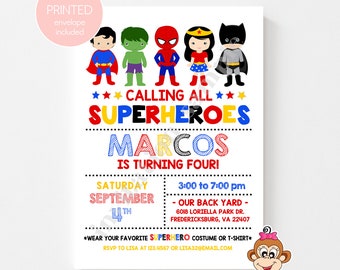 Custom Printed 5x7" Superhero Birthday Invitation, Superhero Party Invitation, Calling all Superheroes, envelopes included