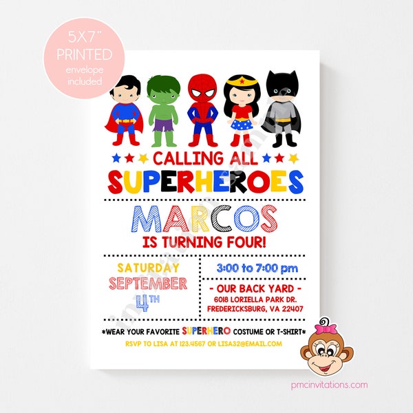 Custom Printed 5x7" Superhero Birthday Invitation, Superhero Party Invitation, Calling all Superheroes, envelopes included