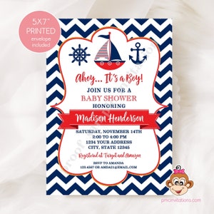 Nautical Baby Shower Invitations, Navy Blue and Red Nautical Baby Shower, Anchor, Sailboat, Chevron Nautical Baby Shower with envelopes image 1