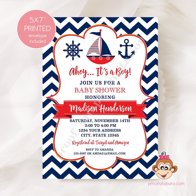 Nautical Baby Shower Invitations, Navy Blue and Red Nautical Baby Shower, Anchor, Sailboat, Chevron Nautical Baby Shower with envelopes image 1