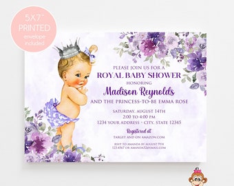Printed Purple Shabby Chic Vintage Princess Baby Shower Invitations - Purple Floral Baby Shower, select hair/skin color- with envelope