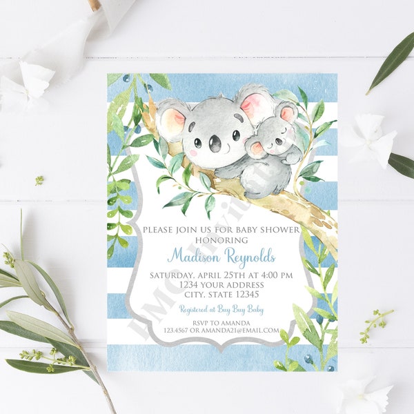 Custom PRINTED 4.25X5.5 Watercolor Koala Baby Shower, Boy Koala Baby Shower Invitation, envelope included