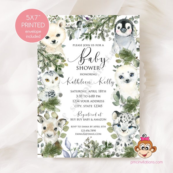 Artic Animals Baby Shower Invitation, Winter Animals Baby Shower Invitations, Seal, Penguin, Polar Bear, Deer, Printed Invitation, envelopes