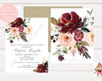 Custom PRINTED 4.25X5.5 Watercolor Blush Pink Floral, Pink Blush, Burgundy, Greenery, Bridal Shower Invitation, envelope included