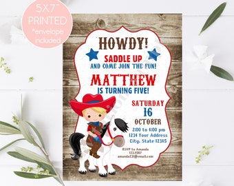 Cowboy, Rodeo Birthday Invitation, Cowboy, Cowboy Birthday Invitation, Western, Cowboy on horse, PRINTED 5X7, envelopes included