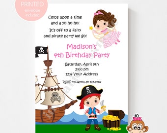 PRINTED Fairy and Pirate Birthday Invitations, Fairy Princess Pirate Boy Birthday, envelopes included