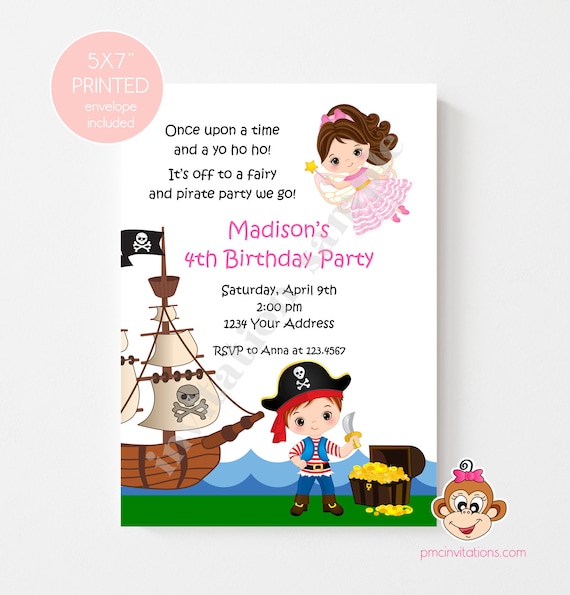 PRINTED Fairy and Pirate Birthday Invitations, Fairy Princess Pirate Boy Birthday, envelopes included Il_570xn