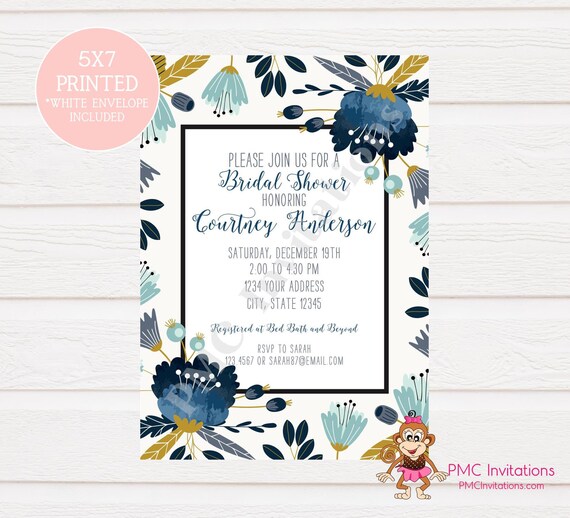 Custom Printed Navy Floral Bridal Shower Invitations Bridal Party