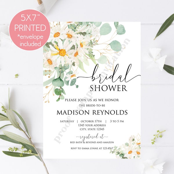 Printed 5X7" Watercolor Eucalyptus Daisy Floral Bridal Shower Invitations, Daisies, Floral, Greenery, Daisy Bridal Invitation w envelope