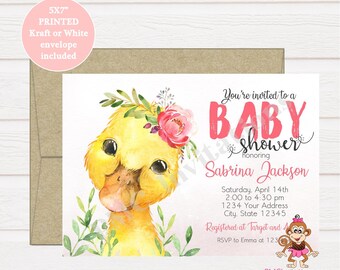 Custom PRINTED 5X7" Watercolor Duck Ducky Baby Shower Invitation, Girl Duck Baby Shower Invitation - 1.00 each with envelope