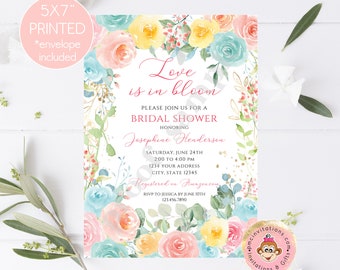 Printed 5x7" Love is in bloom Bridal Shower Invitation, Floral Bridal Shower Invitation, Pink Yellow Blue Floral, Bridal Shower Invitation