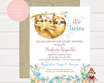 Custom PRINTED 4.25X5.5 Watercolor Boy Girl Twins Sloth Baby Shower, Girl, Boy, Twins Sloth Baby Shower Invitation, envelopes included