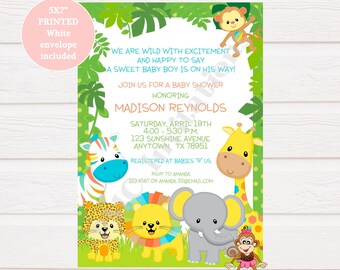 Custom PRINTED 5X7" Wild Animals, Jungle, Jungle Baby Shower, Safari Baby Shower Invitations - 1.00 each with envelope