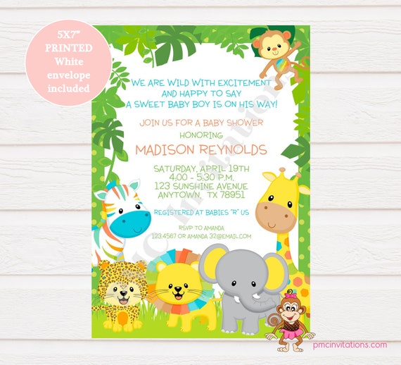 Custom PRINTED 5X7" Wild Animals, Jungle, Jungle Baby Shower, Safari Baby Shower Invitations - 1.00 each with envelope Il_570xn