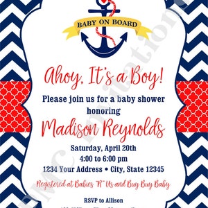 Custom PRINTED Chevron Nautical Baby Shower Invitations Baby on Board 1.00 each with envelope image 2