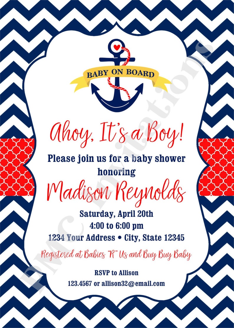 Custom PRINTED Chevron Nautical Baby Shower Invitations Baby on Board 1.00 each with envelope image 2