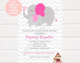 Custom Printed 5X7 Grey Chevron Elephant Baby Shower Invitations - Girl Elephant Baby Shower invitation - Pink Elephant - with envelope
