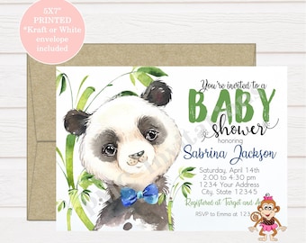 Custom PRINTED Watercolor Panda Bear Baby Shower Invitation, Boy Panda Bear Baby Shower Invitation - 1.00 each with envelope