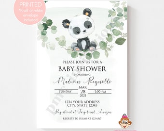 May include: A 5x7 inch baby shower invitation with a watercolor illustration of a panda bear sitting on a branch with green leaves. The text reads "Please join us for a baby shower honoring Madison Reynolds, Sunday, March 28, 2021, 1:00 PM, 1234 Your Address, City, State 12345, Registered at Target and Amazon, Regrets to Susan at 123.4567".