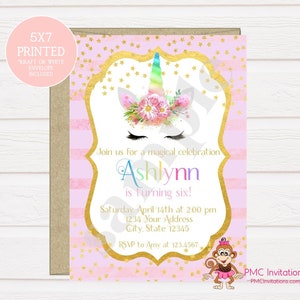 Custom PRINTED Unicorn Birthday Invitation, Unicorn Face Birthday Invitation 1.00 each with envelope image 1